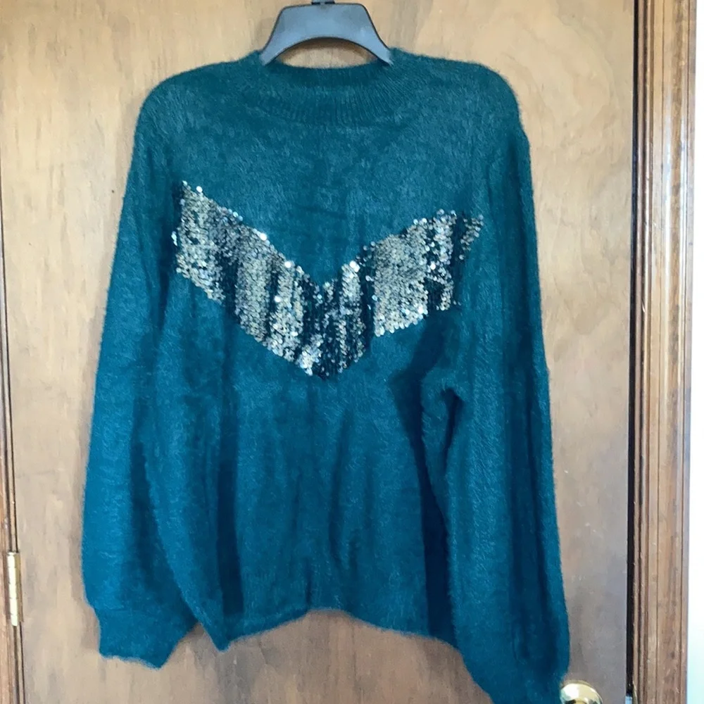 Relist 4/9 Nine West sequin chevron stripe soft green sweater XXL - Picture 8 of 15